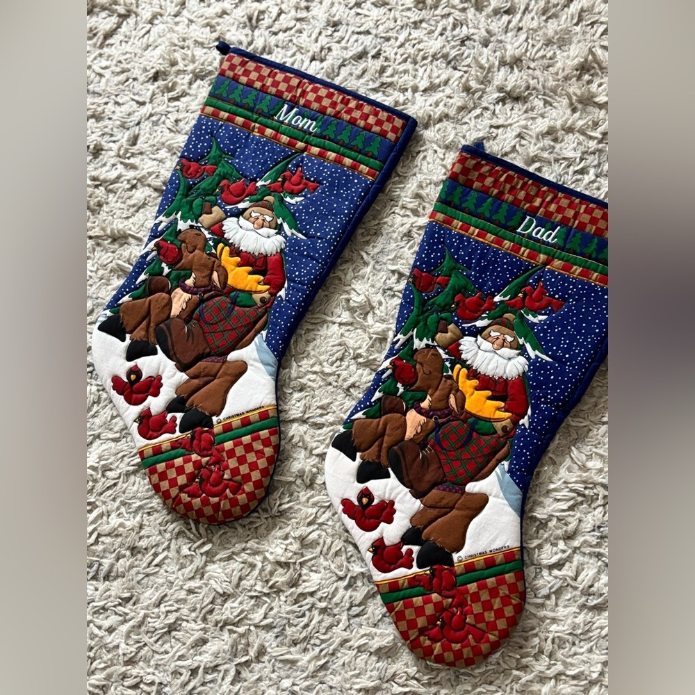 Mom & Dad Christmas Stockings Festive Embroidered Moose Cardinal 20”